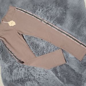 Khaki Leggings Rhinestones Sides Stripe. Size: Various